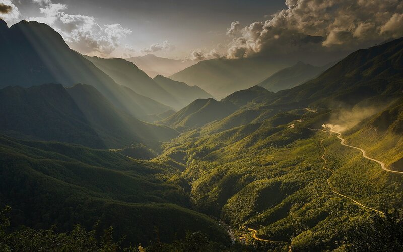 Winding Road in Mountains — Green, Dramatic, Morning