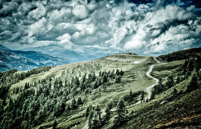 Winding Road in Mountains — Green, Dramatic, Photograph