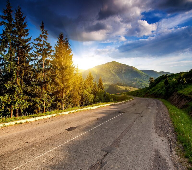 Winding Road in Mountains — Green, Dramatic, Sunset, Photograph, Trees