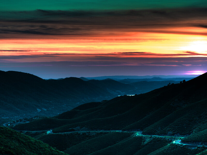 Winding Road in Mountains — Green, Dramatic, Sunset