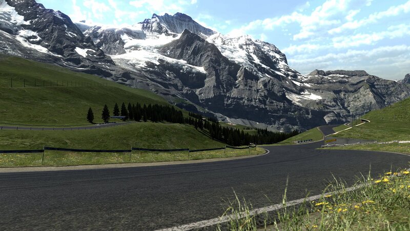 Winding Road in Mountains — Green, Serene, Afternoon, 3d Render, Trees, Gray