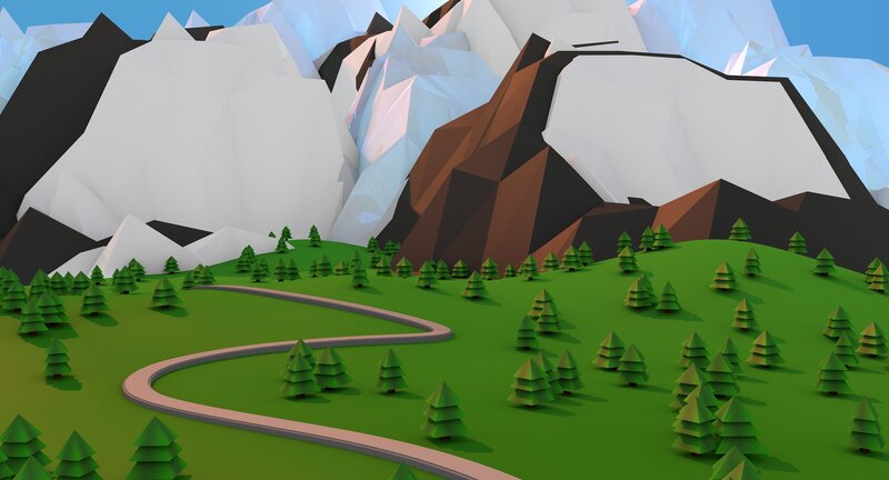 Winding Road in Mountains — Green, Serene, Afternoon, 3d Render, Trees