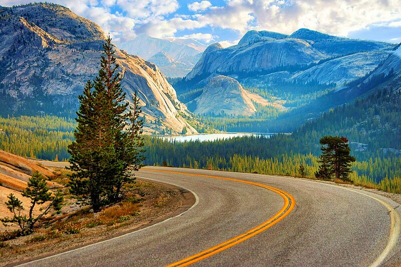 Winding Road in Mountains — Green, Serene, Afternoon, Photograph, Lake