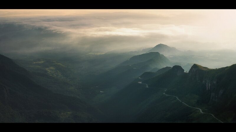 Winding Road in Mountains — Green, Serene, Morning