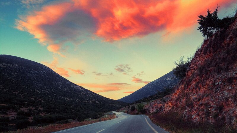 Winding Road in Mountains — Orange, Dramatic, Sunset