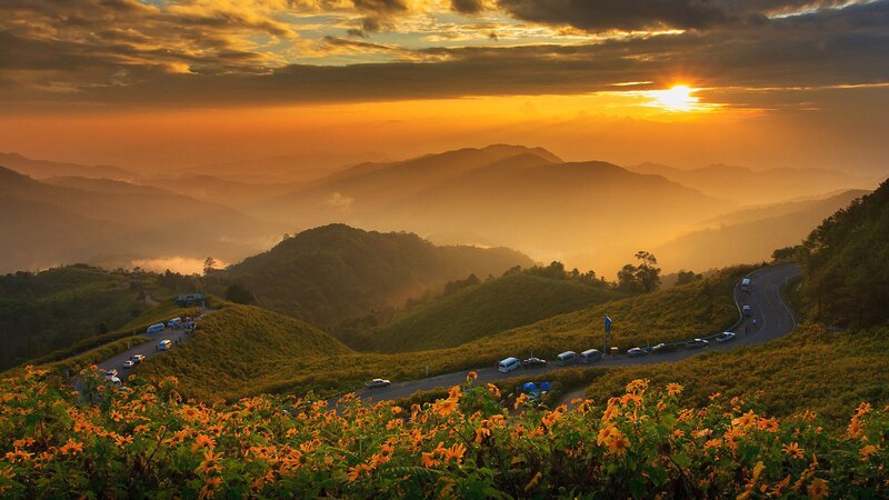Winding Road in Mountains — Orange, Serene, Sunset
