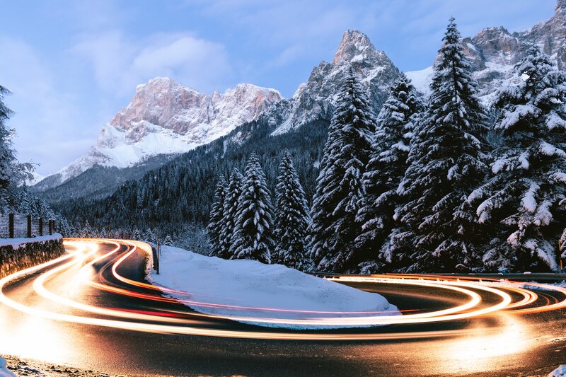 Winding Road in Snow — Blue, Serene, Winter