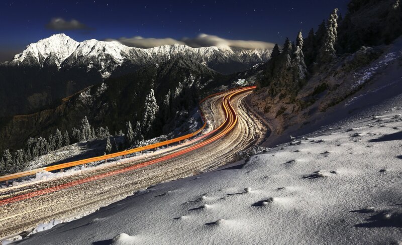 Winding Road in Snow — White, Dramatic