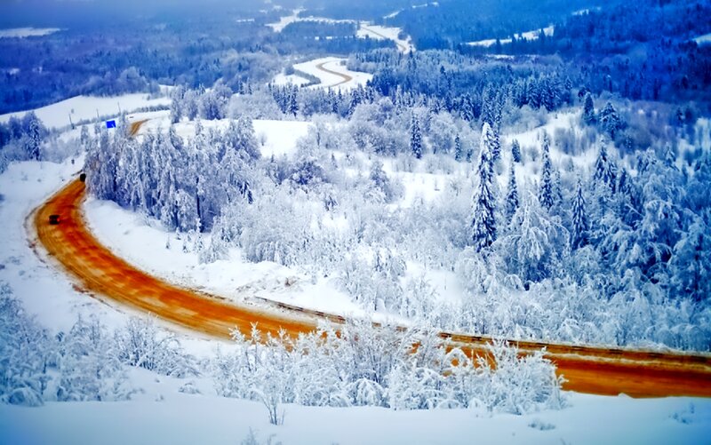 Winding Road in Snow — White, Serene