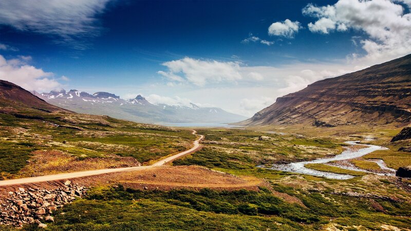 Winding Road in Valley — Blue, Serene, Afternoon