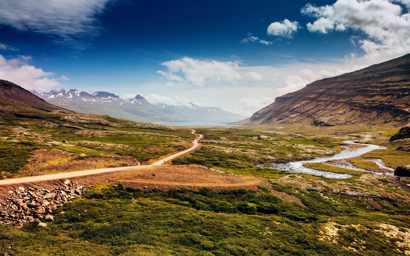 Winding Road in Valley — Blue, Serene