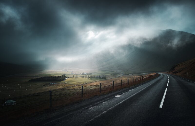 Winding Road in Valley — Gray