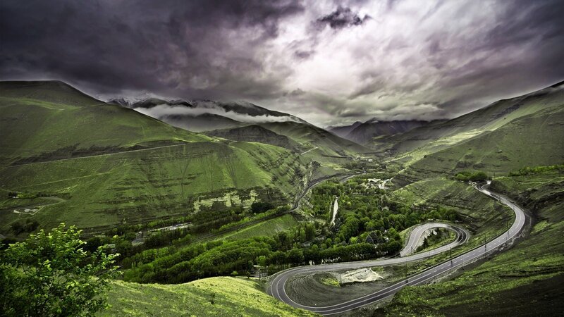 Winding Road in Valley — Green, Dramatic, Photograph, Mountains, Trees