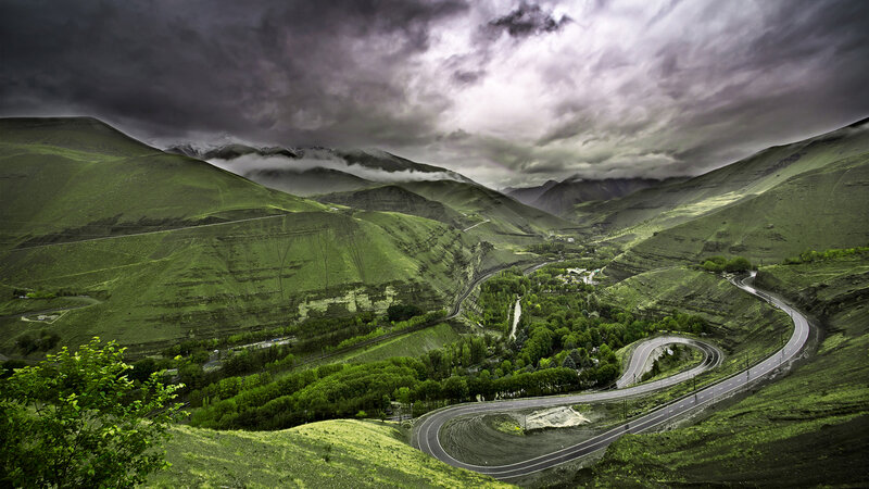 Winding Road in Valley — Green, Dramatic, Photograph