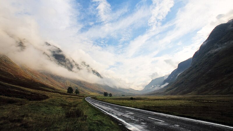 Winding Road in Valley — Green, Serene, Morning, Photograph