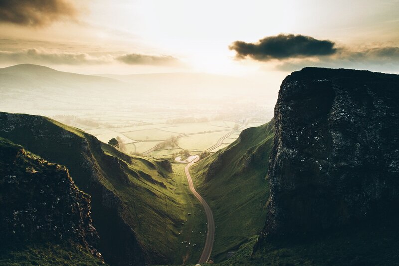 Winding Road in Valley — Green, Serene, Sunrise