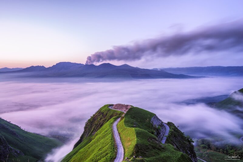 Winding Road on Mountain — Green, Serene, Sunrise