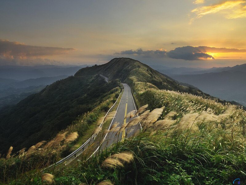 Winding Road on Mountain — Green, Serene, Sunset