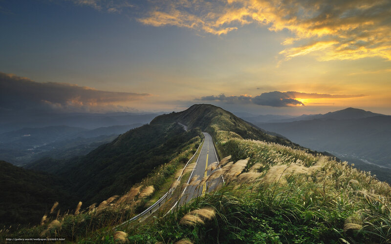 Winding Road on Mountain — Yellow, Serene, Sunset