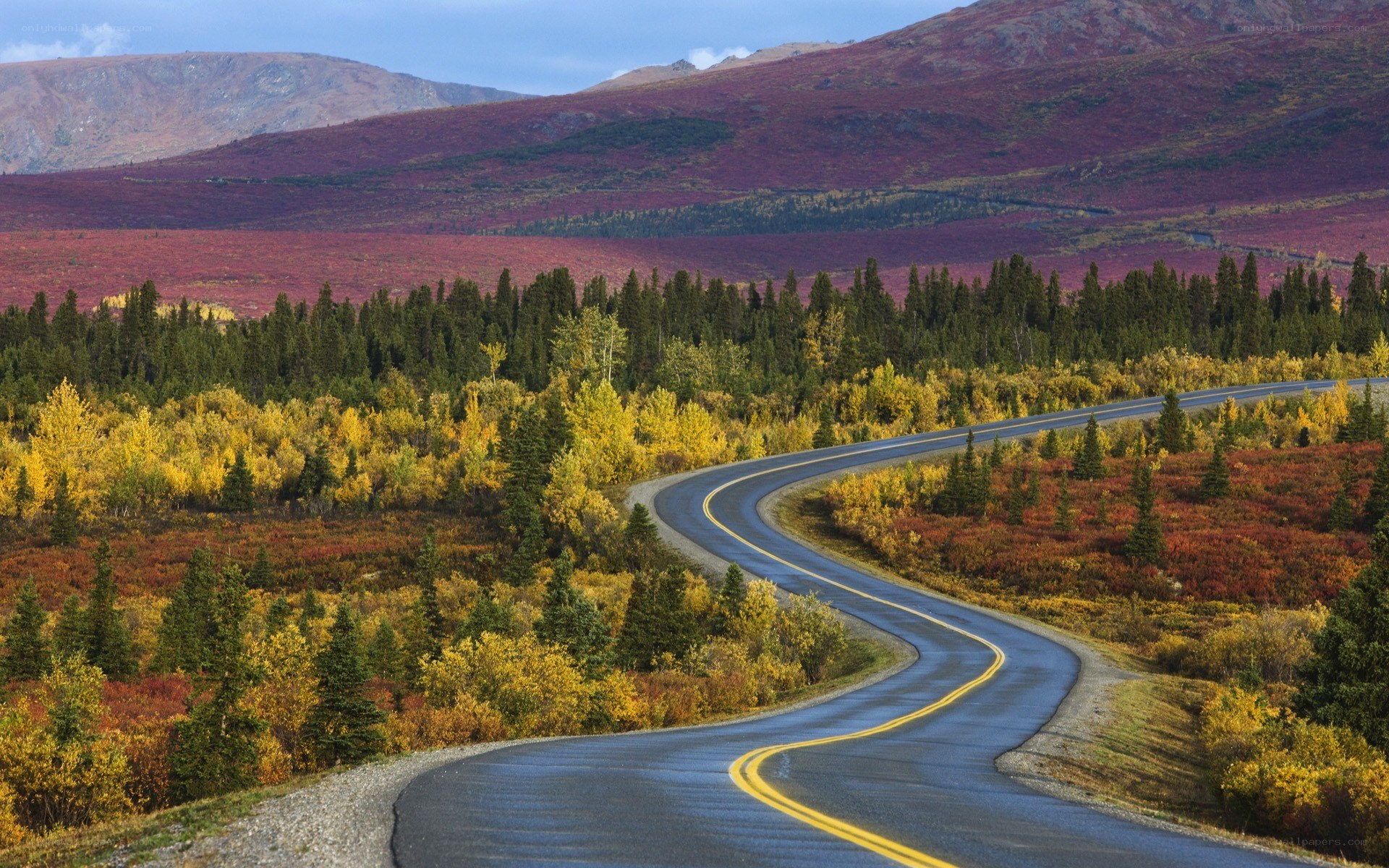 Winding road through autumn mountains