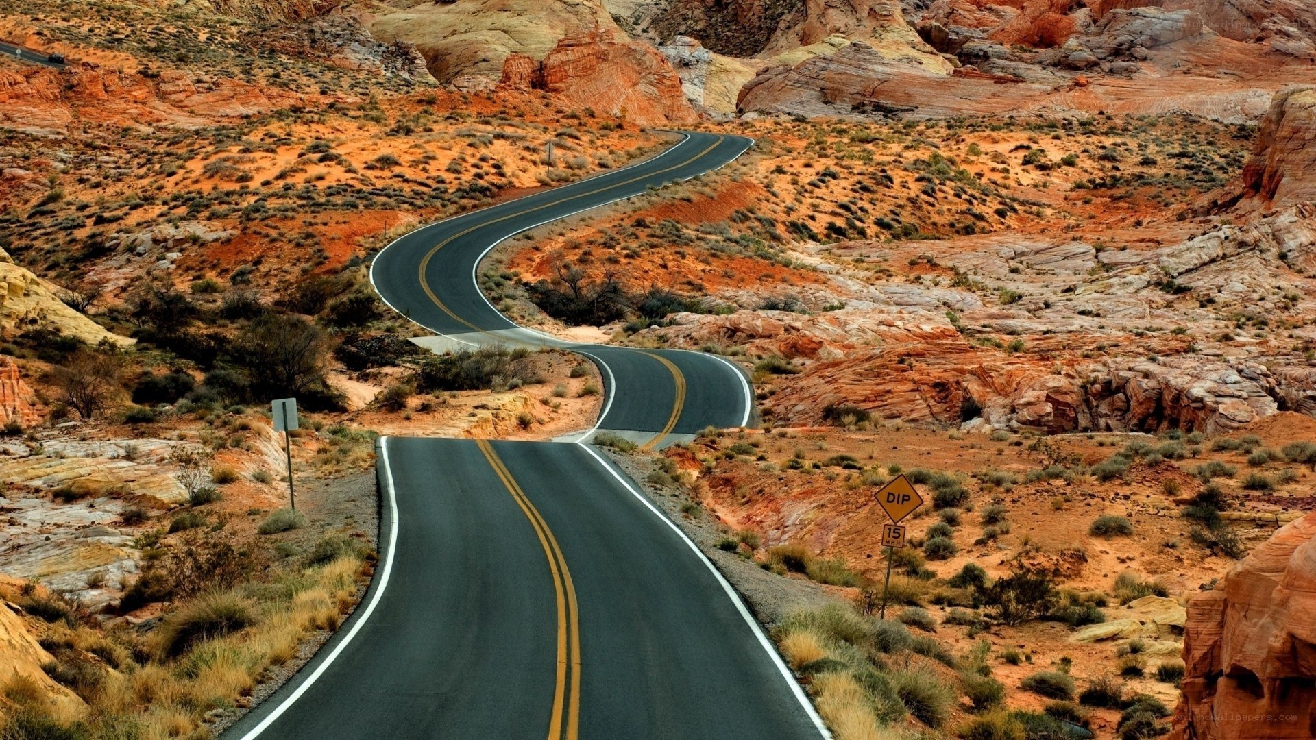 Winding road through desert canyon