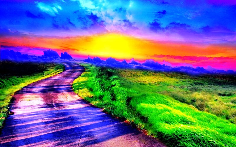 Winding Road Through Fields — Green, Dramatic, Sunset