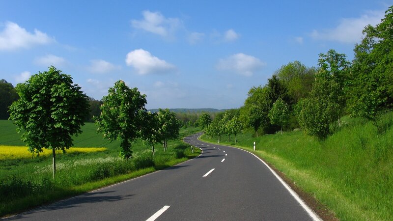 Winding Road Through Fields — Green, Serene, Afternoon