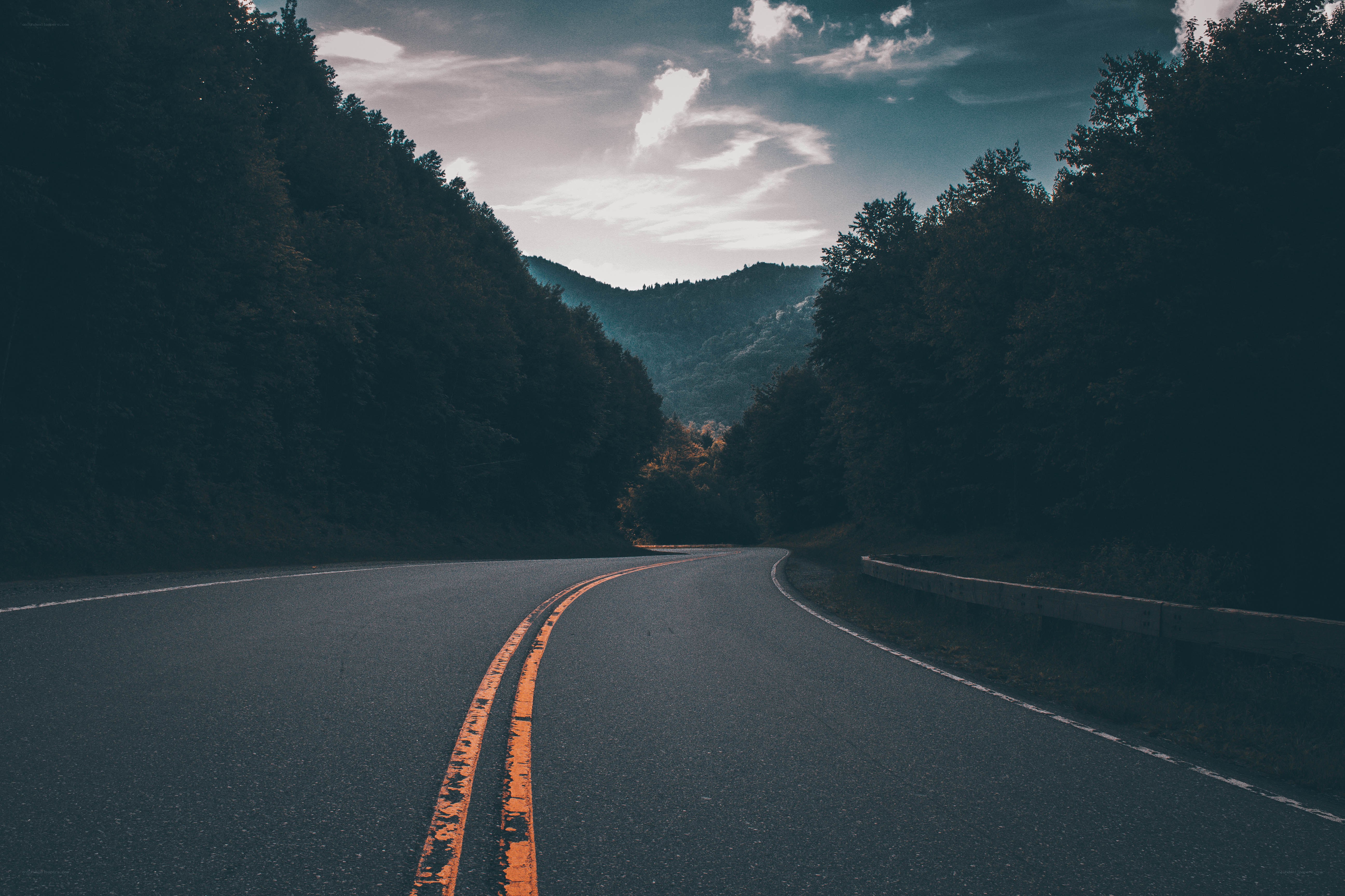 Winding road through forested mountains