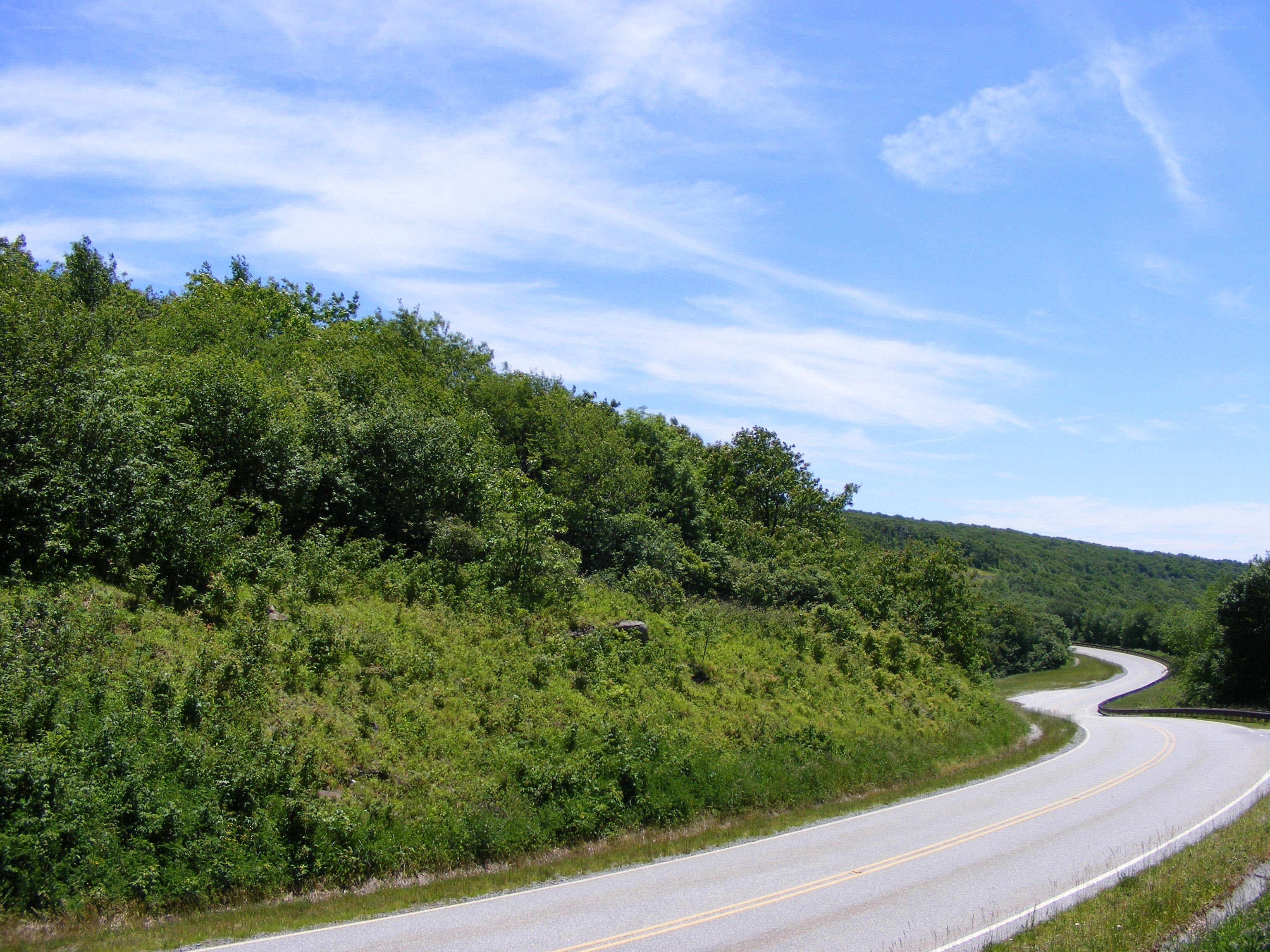 Winding road through green hills
