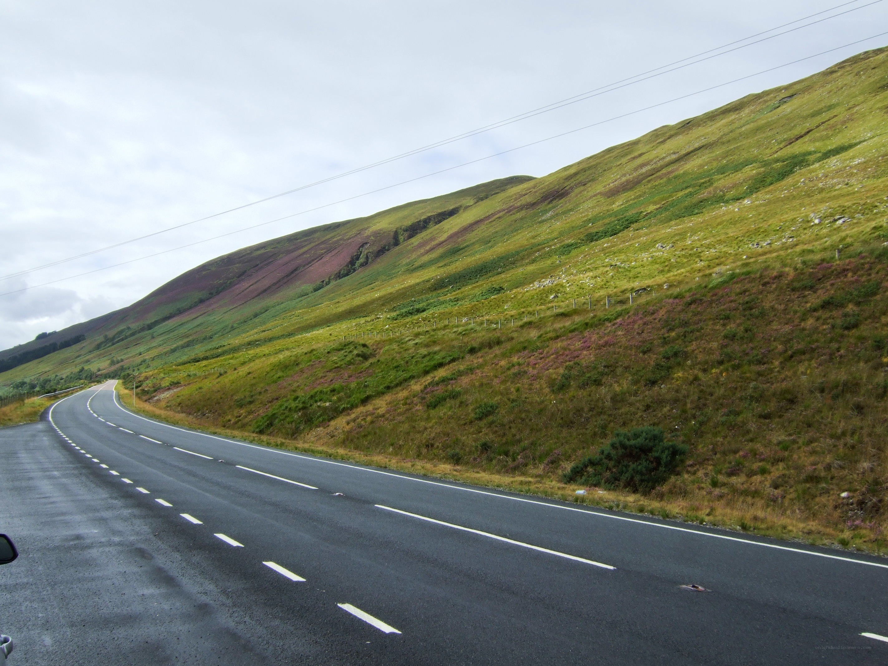 Winding road through green hills