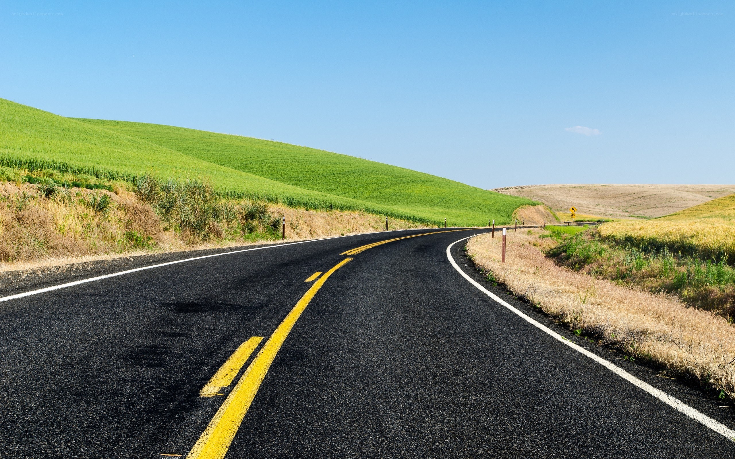 Winding road through green hills