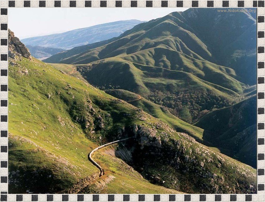 Winding road through green hills