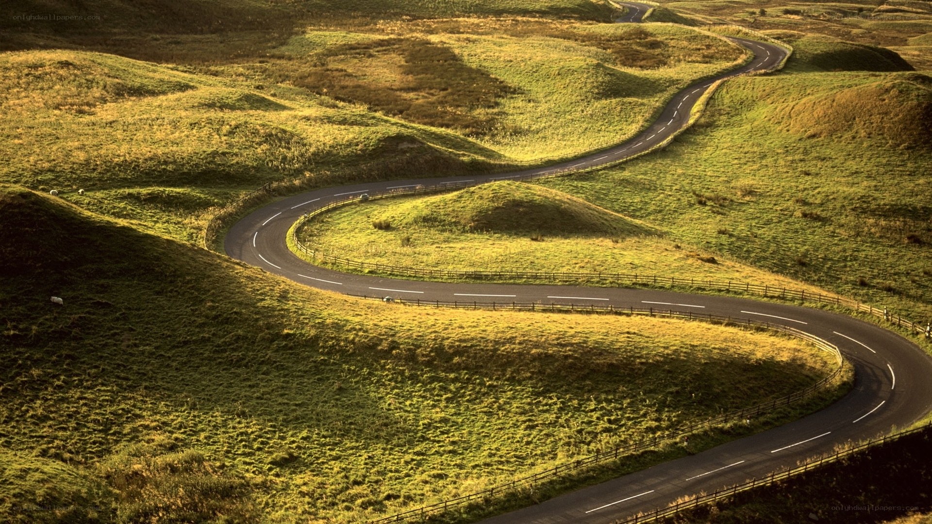 Winding road through green hills