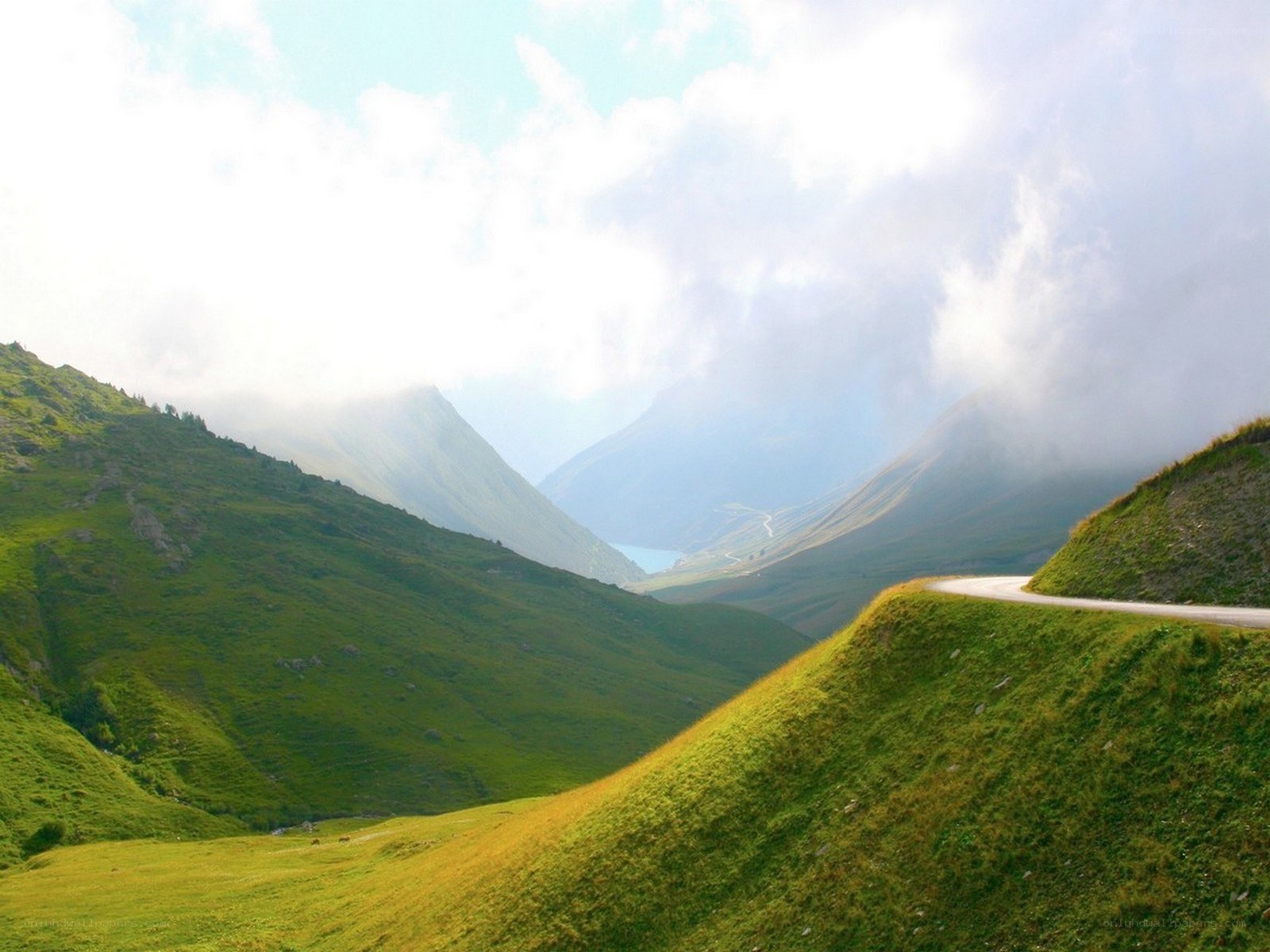 Winding road through green valley