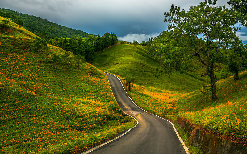 Winding Road Through Hills — Green, Dramatic