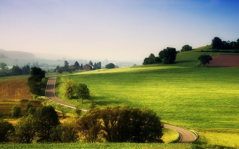 Winding Road Through Hills — Green, Serene, Morning, Photograph, Trees, Farmhouse