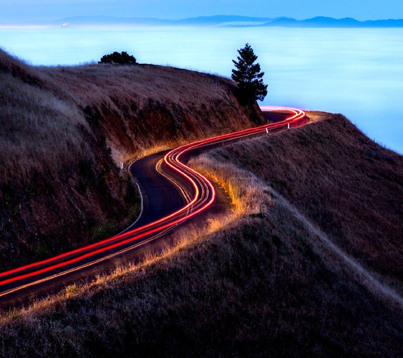 Winding Road with Light Trails — Blue