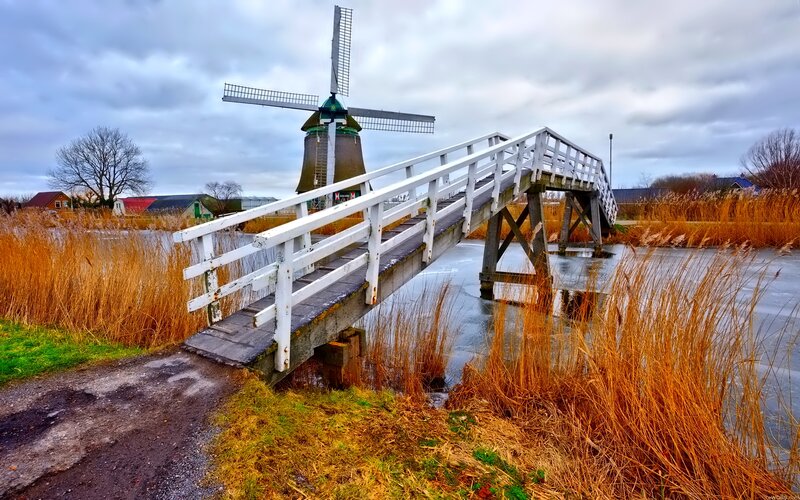 Windmill and Wooden Bridge