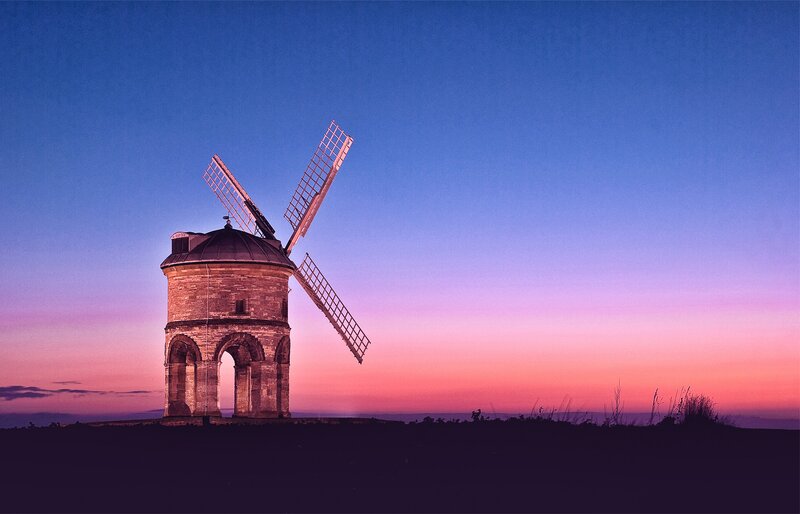 Windmill at Dusk — Blue, Serene, Sunset, Photograph, Sky, Field