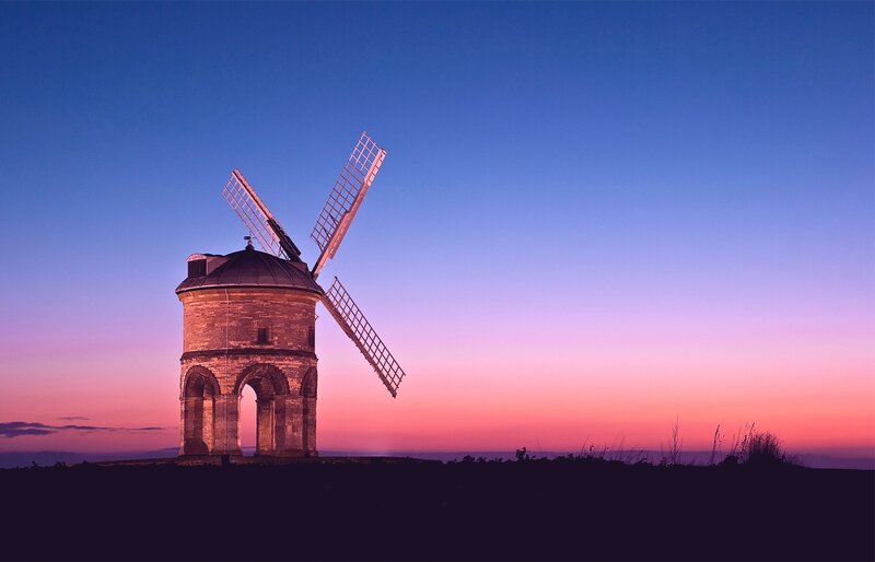Windmill at Dusk — Blue, Serene, Sunset, Photograph, Sky