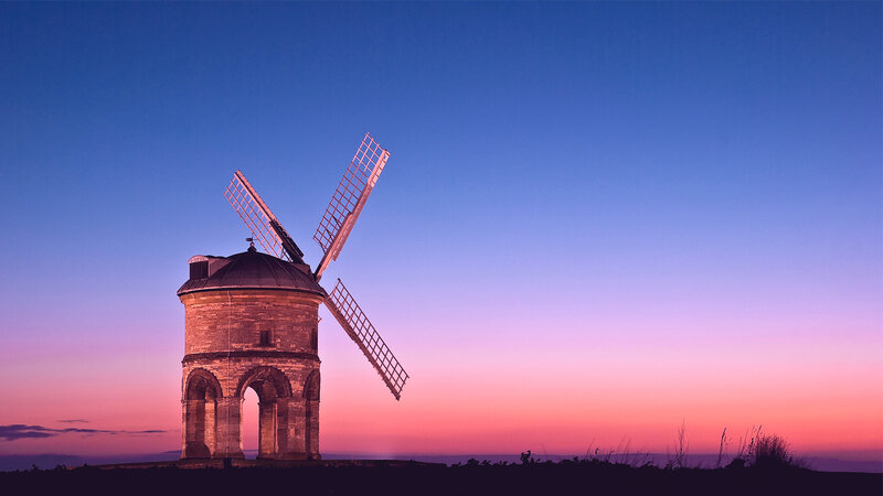 Windmill at Dusk — Blue, Serene, Sunset, Photograph