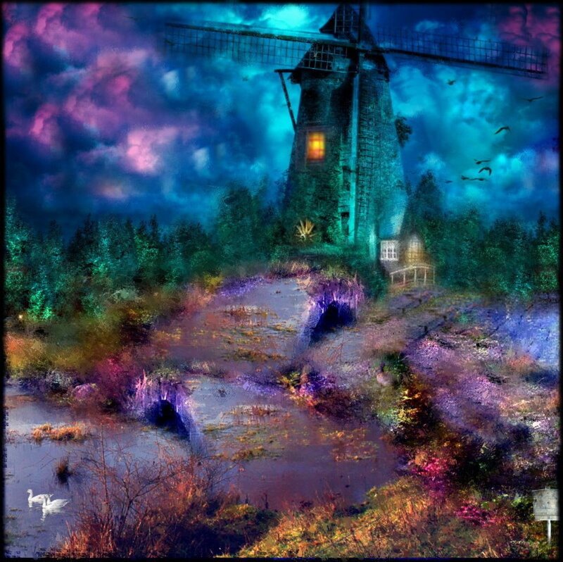 Windmill at Night — Blue, Dreamy