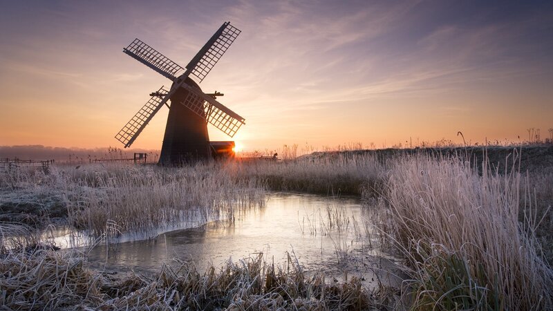 Windmill at Sunrise — Orange, Serene, Photograph