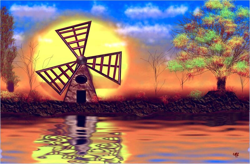 Windmill at Sunset — Blue, Dramatic, Digital Art