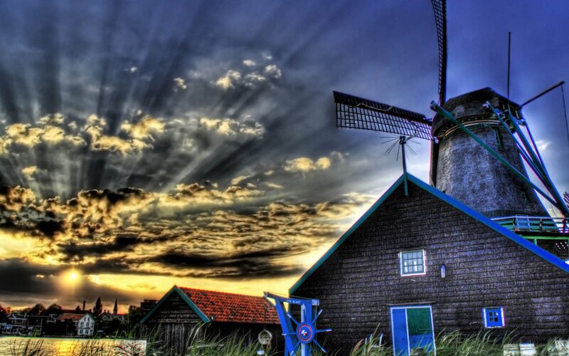 Windmill at Sunset — Blue, Dramatic, Photograph, Clouds, Building