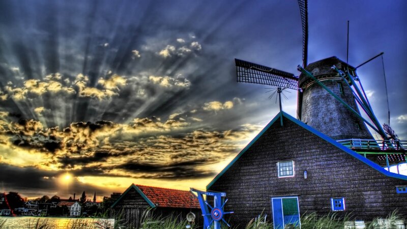 Windmill at Sunset — Blue, Dramatic, Photograph, Clouds, House