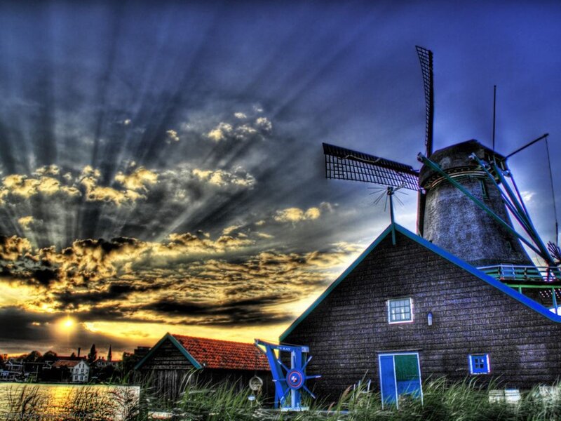 Windmill at Sunset — Blue, Dramatic, Photograph, Clouds