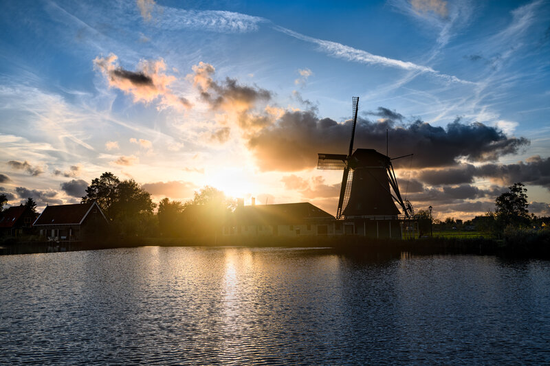 Windmill at Sunset — Blue, Serene, Photograph, River