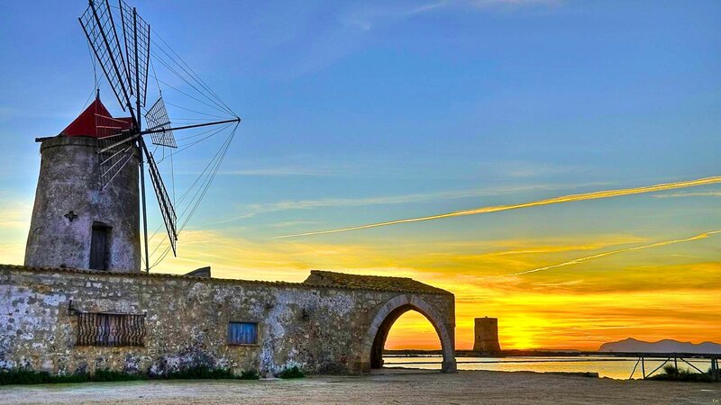 Windmill at Sunset — Blue, Serene