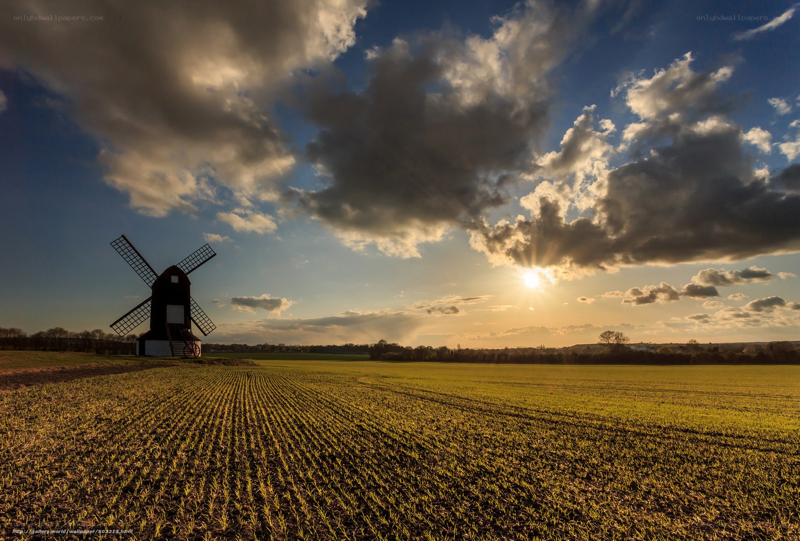 Windmill at sunset in a field